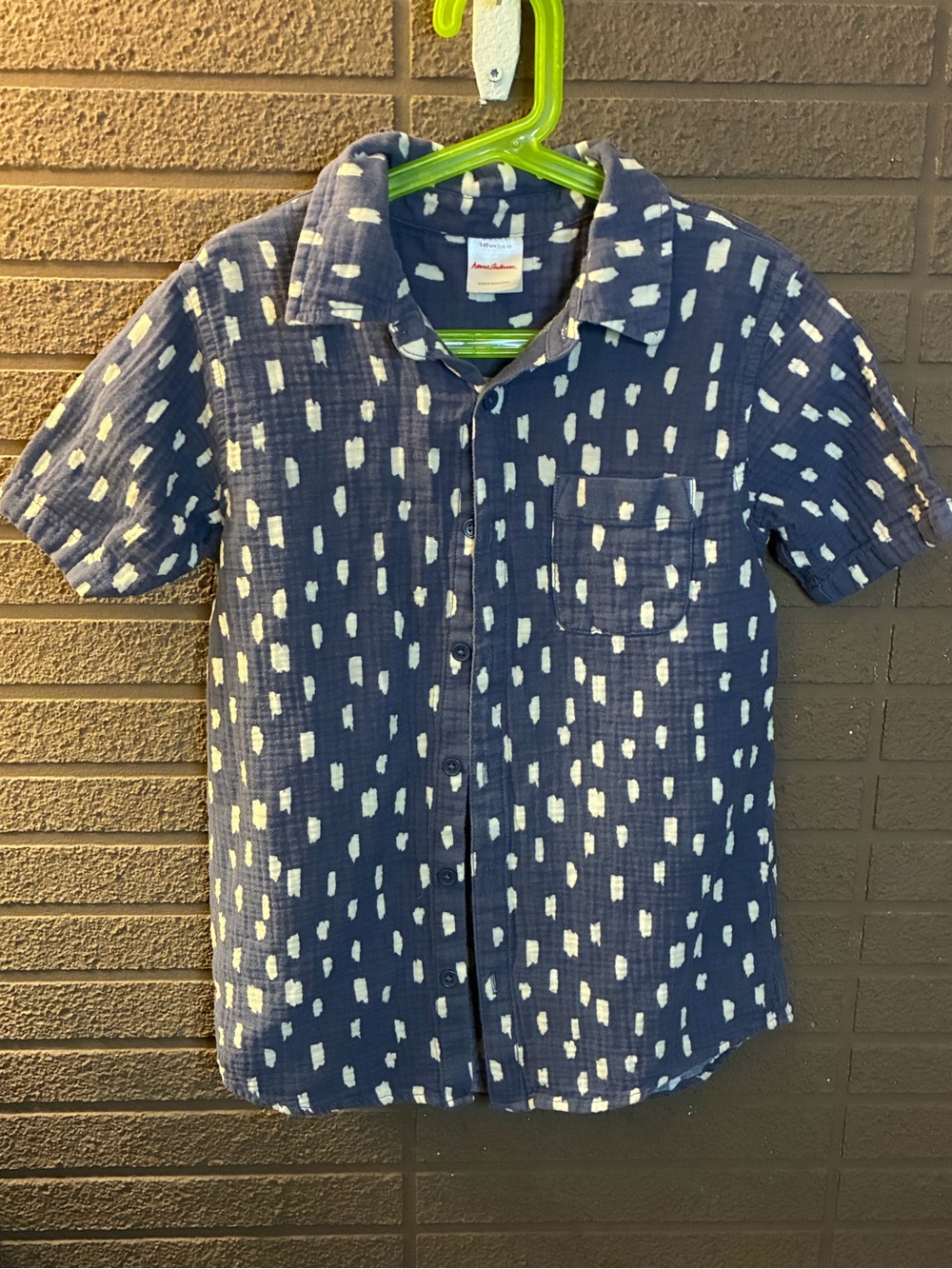 Hanna Andersson Boys Blue White Print Short Sleeve Button-Up Shirt Size 10 140